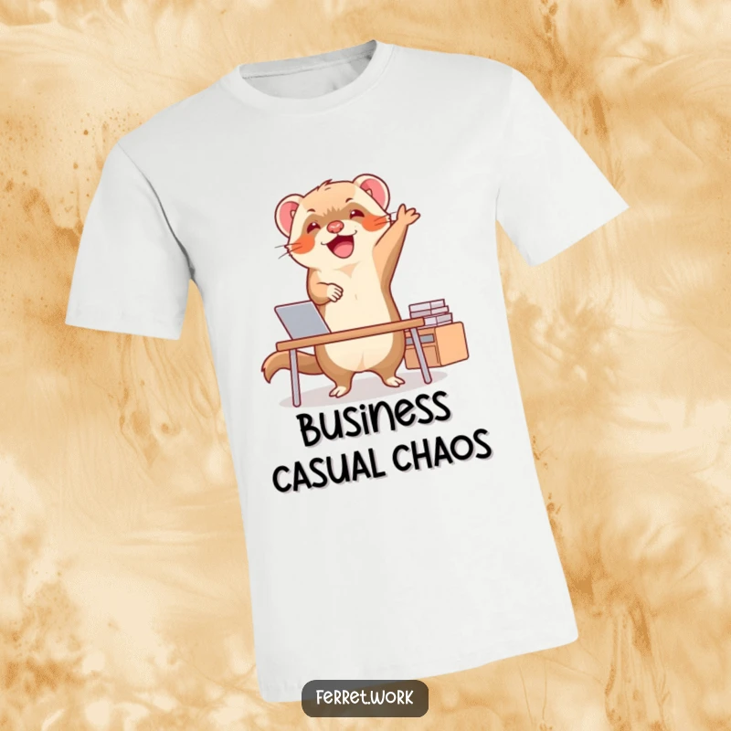 Funny ferret in a joyous happy dance pose at a small desk, radiating pure delight, perfect for a funny t-shirt.