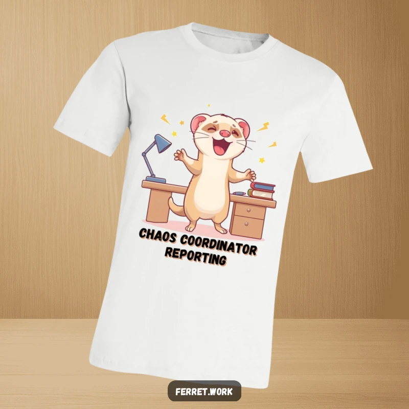 Funny t-shirt graphic of a ferret performing energetic zoomies around a desk, embodying pure, unbridled celebration and joy.