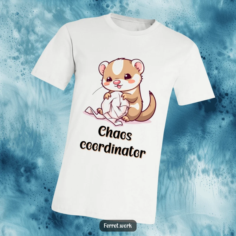 Funny kawaii office ferret making a huge mess with crumpled paper, adorably mischievous on a t-shirt.
