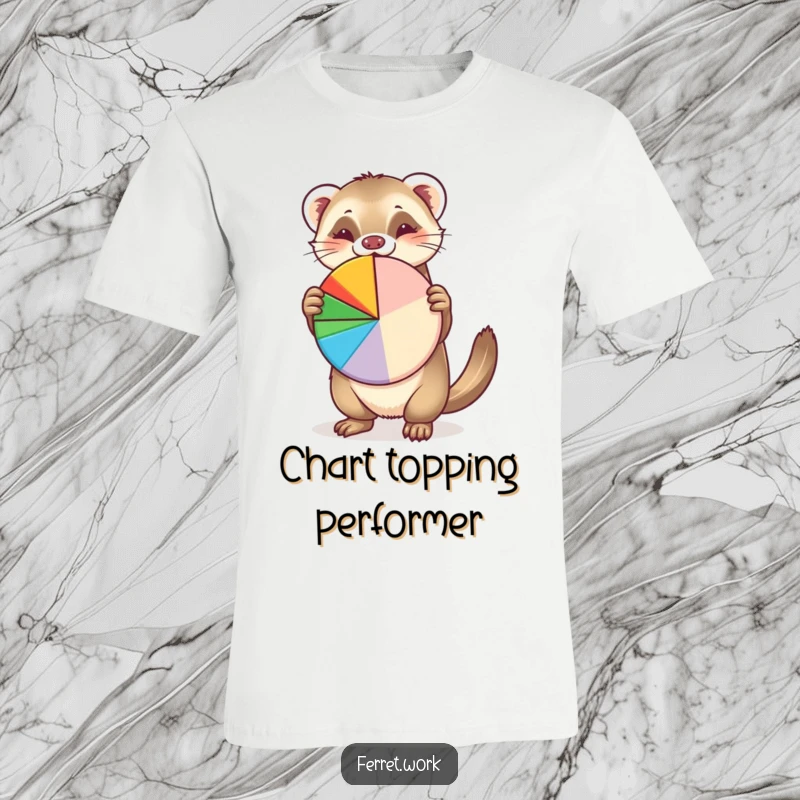 Funny t-shirt graphic of an energetic ferret excitedly presenting a colorful pie chart, perfect for data enthusiasts and animal lovers.