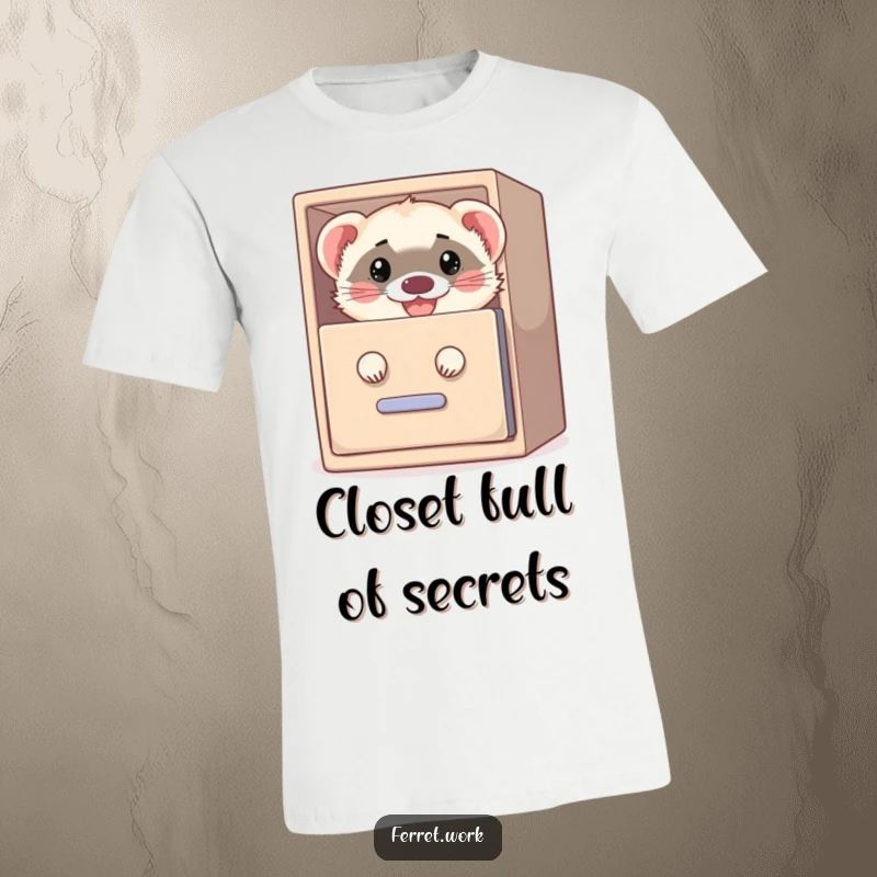 Funny t-shirt graphic of a grinning ferret peeking mischievously from a filing cabinet, perfect for those who love a good secret.