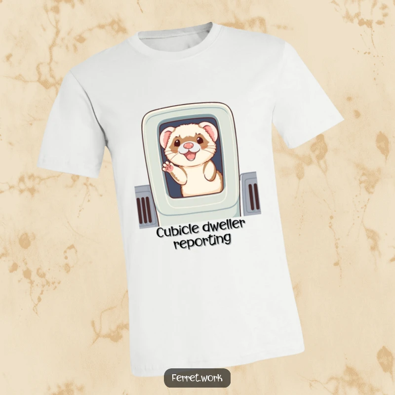 Funny t-shirt: A cute ferret peeking out from a cubicle, giving a warm and cheerful wave to onlookers.