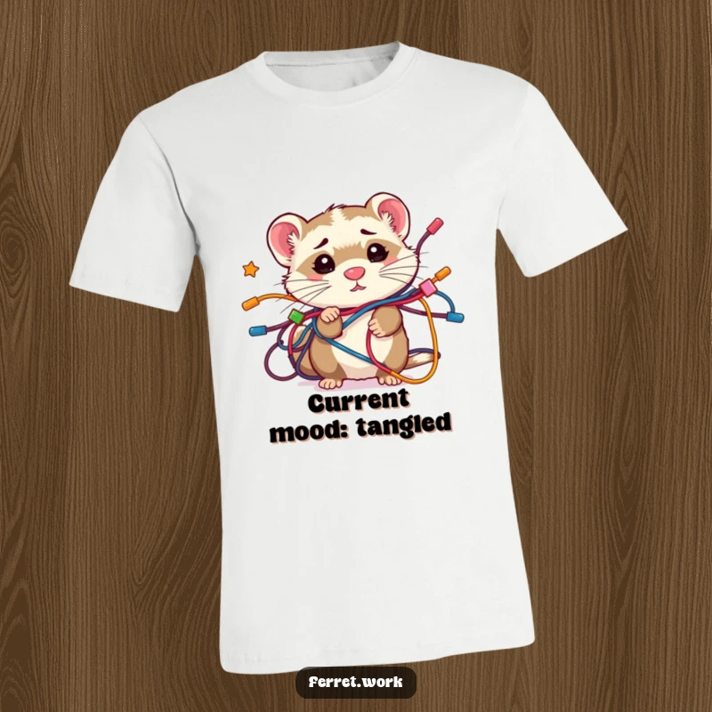 Funny confused kawaii office ferret hopelessly entangled in bright, colorful wires. This t-shirt is a humorous take on tech messes.
