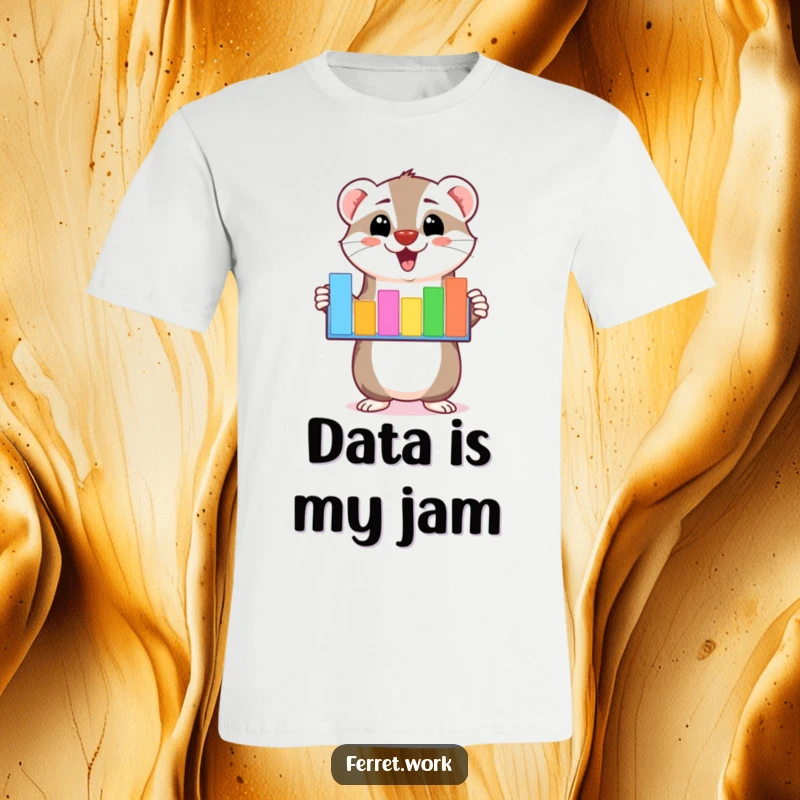 Funny kawaii ferret character enthusiastically presenting a colorful bar graph on a t-shirt, perfect for office humor.