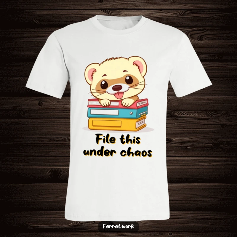 Funny ferret t-shirt: a mischievous ferret grins as it peeks out from a messy stack of office files, ready for fun.