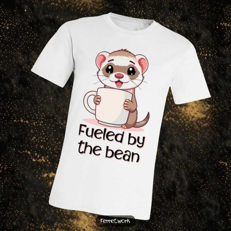Funny ferret t-shirt of an energized ferret holding a giant coffee mug, ready for action.