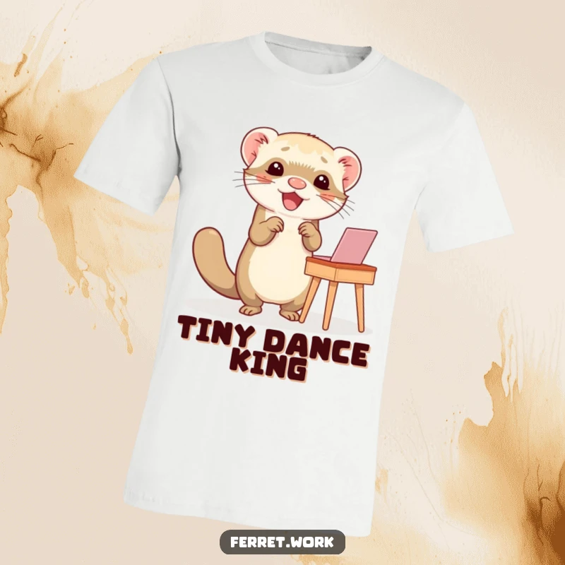 Funny t-shirt depicting a ferret joyfully dancing at a small desk, radiating happiness and playful energy.