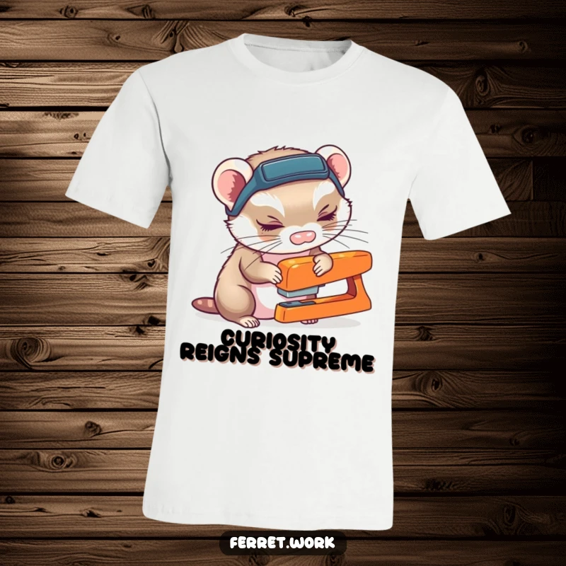 A ferret wearing a headlamp is curiously sniffing a stapler with detective-like intensity, printed on a t-shirt.