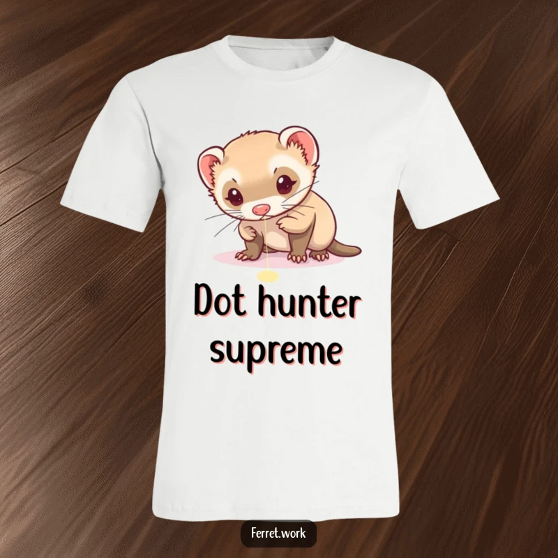 Funny t-shirt depicting a ferret with extreme focus, energetically chasing a bright red laser pointer dot.