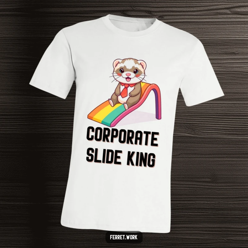 Funny ferret t-shirt, a ferret wearing a small tie gleefully sliding down a vibrant rainbow-shaped office slide.