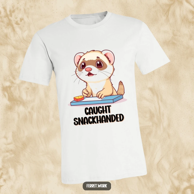 Funny ferret t-shirt depicting a surprised ferret caught in the act of snacking at a desk. Hilarious pet owner gift.