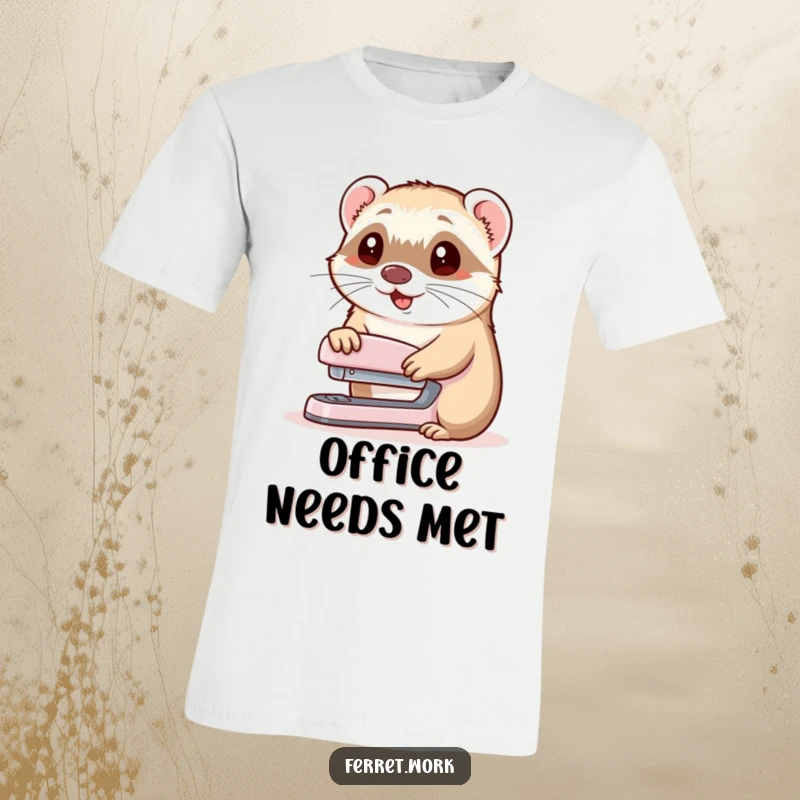 Funny t-shirt depicting a ferret offering a stapler with a happy nod, symbolizing helpfulness and office amusement.