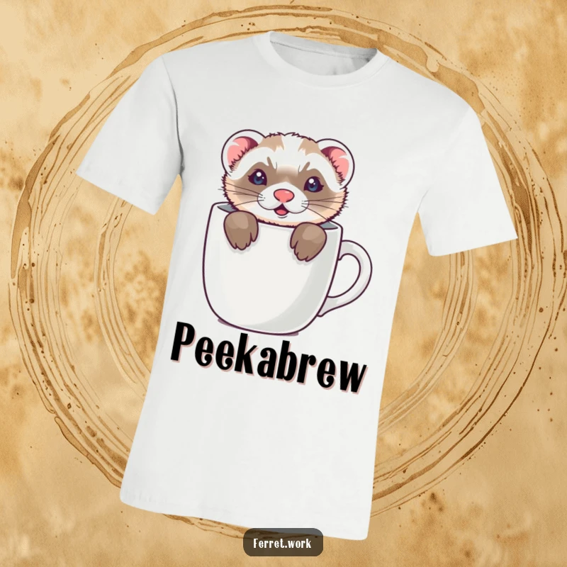 Funny t-shirt with a ferret hiding in a coffee mug, with only its ears showing, a playful and humorous peek.