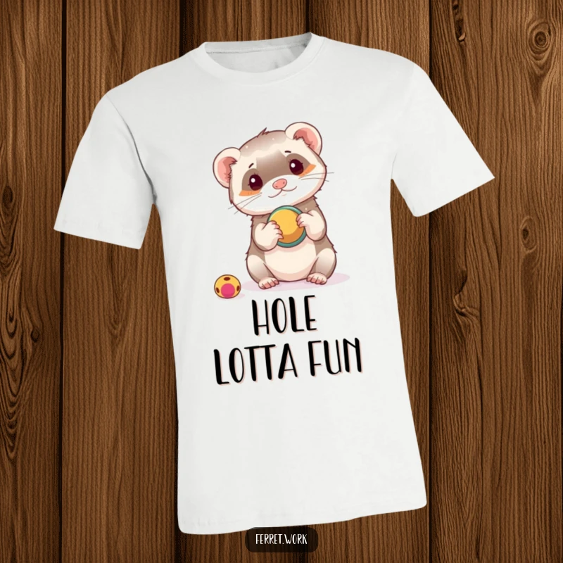 Funny t-shirt depicting a ferret playfully attempting to use a hole punch as a toy, a comical scene of pet mischief.