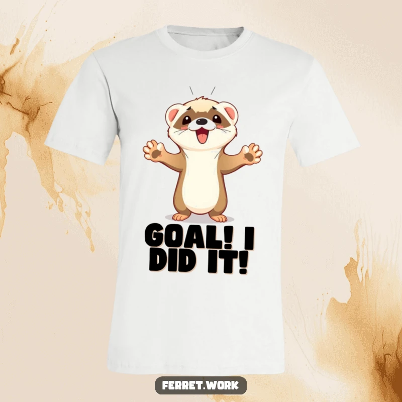 Funny Ferret T-Shirt of a cute ferret with all four paws up, ecstatically celebrating a goal with a squeak, radiating happiness.