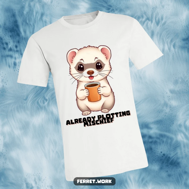 Funny t-shirt showcasing an animated ferret holding a miniature coffee cup, radiating pure, jittery excitement and joy.