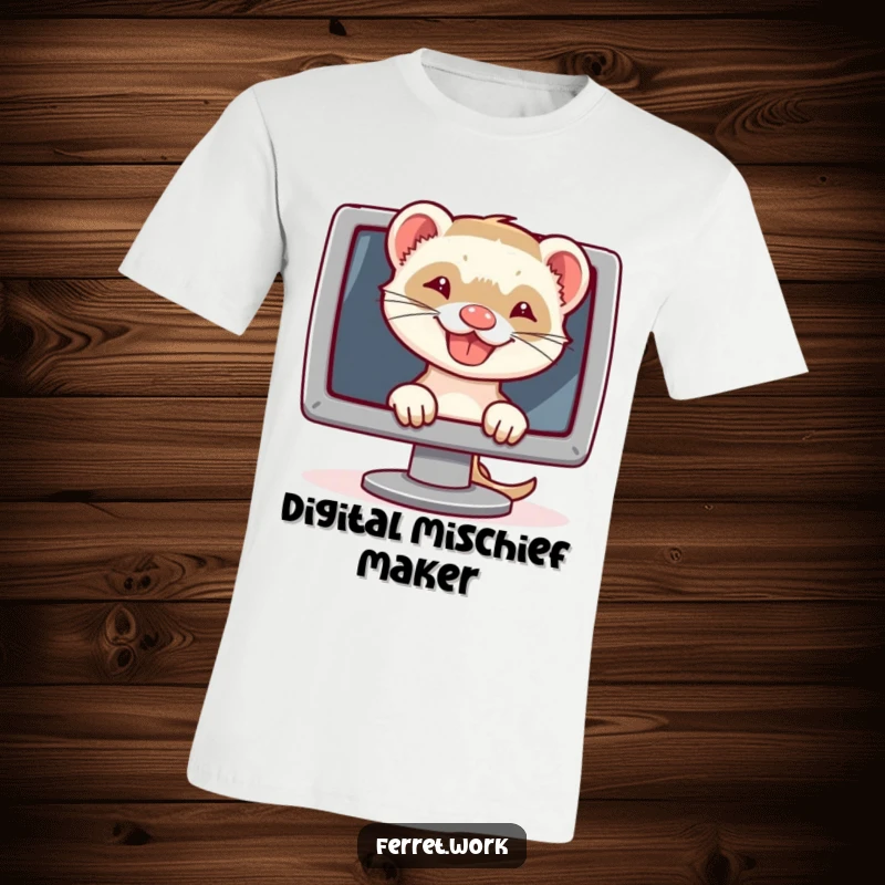 Funny t-shirt showing a grinning ferret peeking around a computer screen, embodying tech mischief and playful humor.