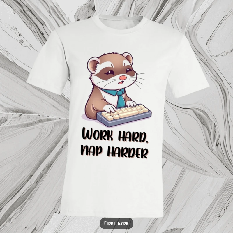 Funny ferret t-shirt featuring a ferret in a tie, intensely typing on a keyboard, embodying business hustle.