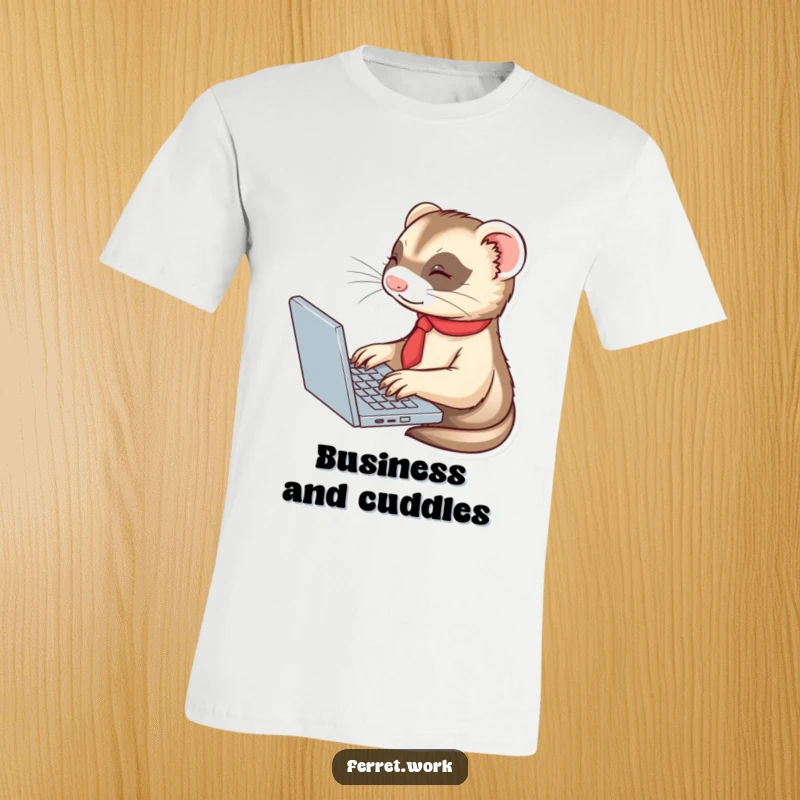 A cute ferret in a tiny tie is enthusiastically typing on a laptop, printed on a comfortable t-shirt.