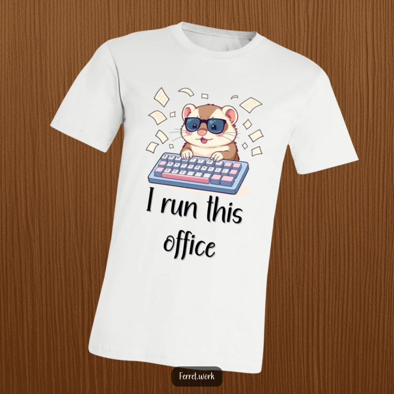Funny ferret t-shirt depicting a ferret intensely typing on a huge keyboard, papers flying everywhere, capturing office stress humorously.
