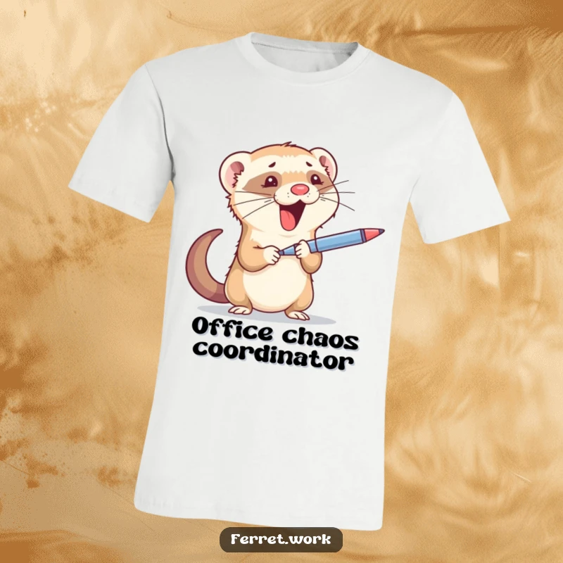Funny t-shirt: A cute ferret hilariously juggling office essentials like a pen and stapler, capturing work chaos.