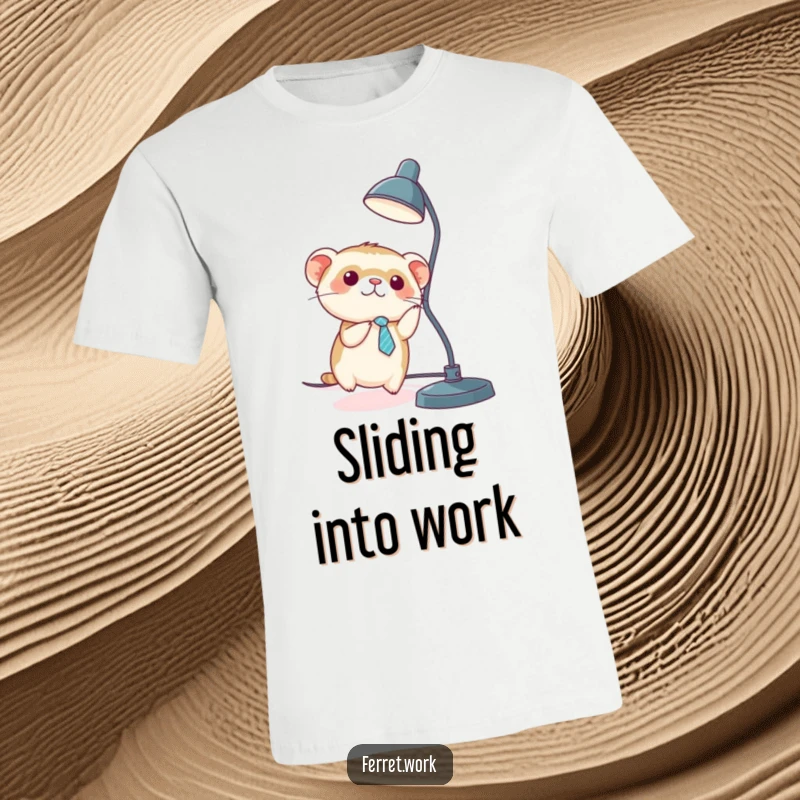 Funny kawaii office ferret wearing a tiny tie, sliding down a desk lamp cord, printed on a t-shirt.