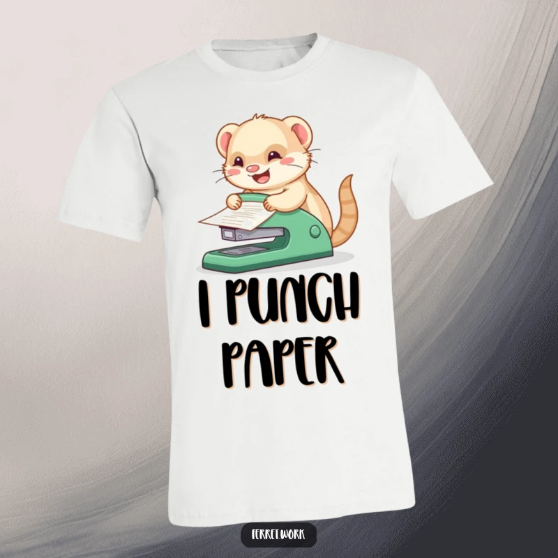 Funny kawaii office ferret gleefully using a comically large stapler to bind papers, a humorous depiction of work enthusiasm.