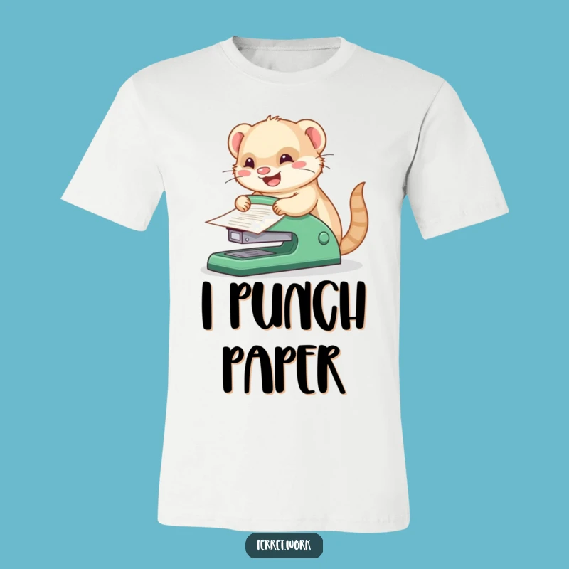 Funny Kawaii Office Ferret Giant Stapler T-Shirt, Hilarious Work Tee