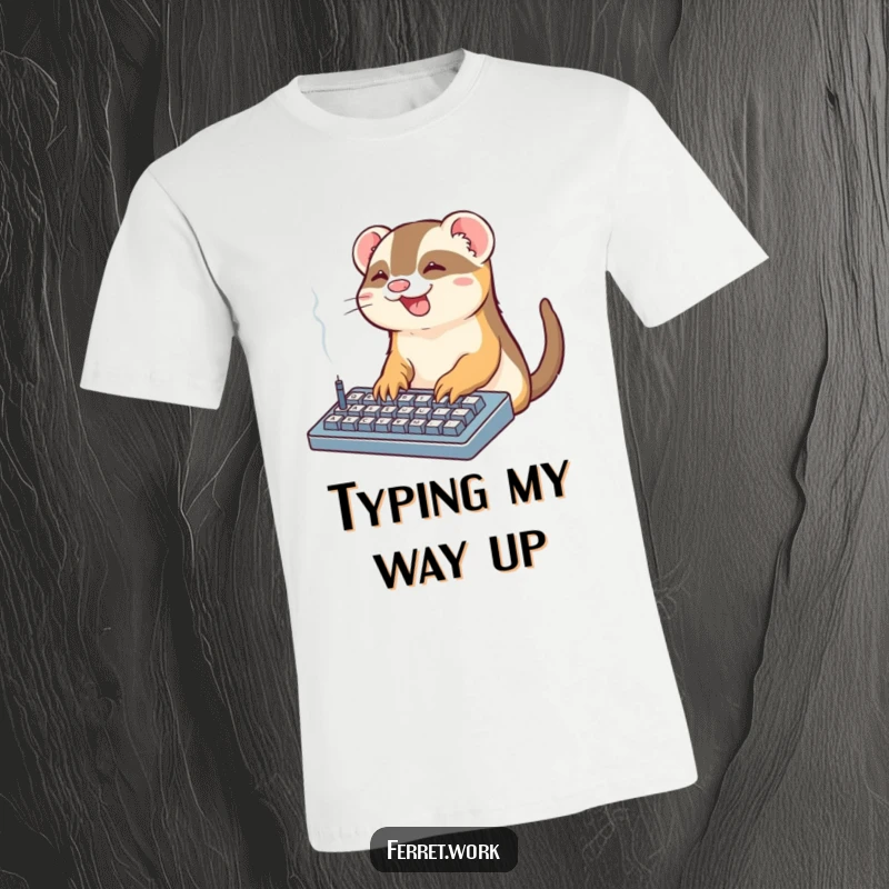 Funny Office Ferret T-Shirt: A kawaii ferret types gleefully on a smoking keyboard, celebrating office life humorously.