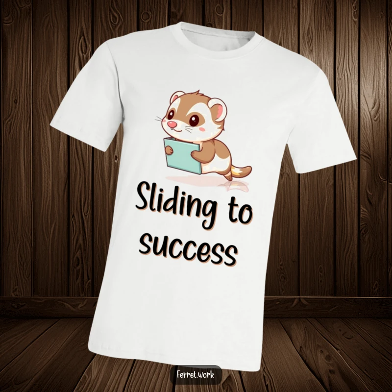 Funny Kawaii Office Ferret T-Shirt: A cute ferret comically slides on a file folder across a polished floor, perfect for office laughs.