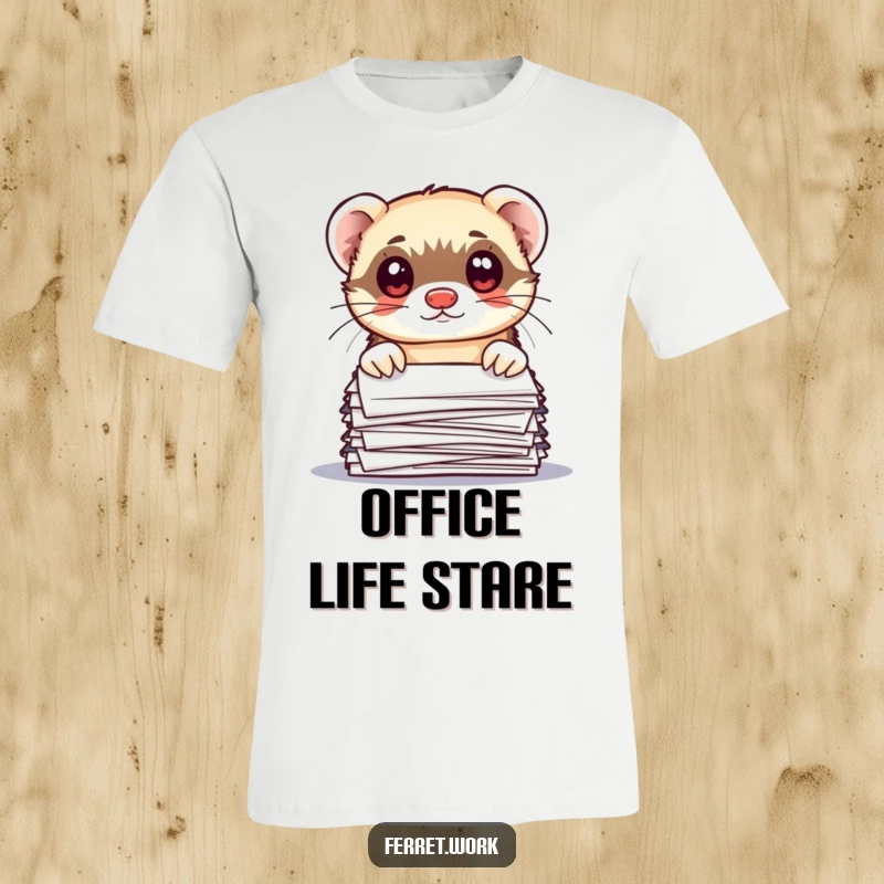 Funny kawaii office ferret peeking over a tall pile of documents with comically wide eyes, on a funny t-shirt.