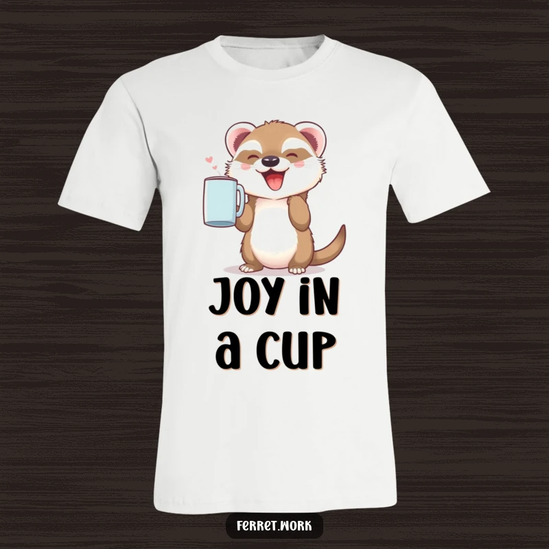 Funny t-shirt with a little ferret holding a coffee mug aloft with pure joy and excitement. Cute animal graphic.