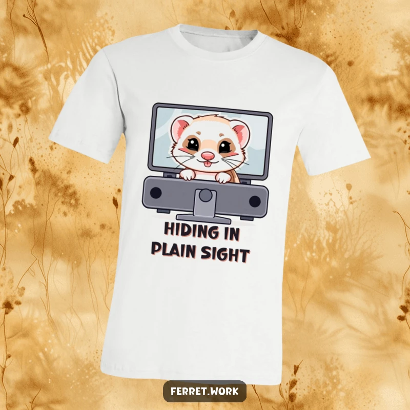 Funny ferret t-shirt depicting a mischievous ferret hiding behind a computer monitor with a grin. Tech humor.
