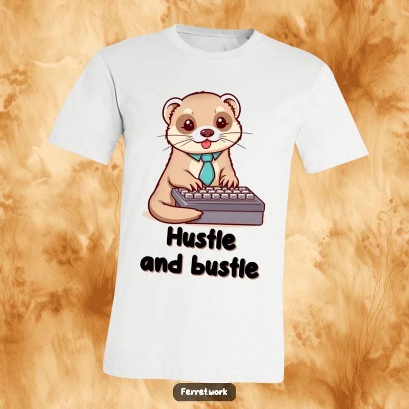 Funny ferret t-shirt of a sophisticated ferret wearing a tie, typing rapidly on a keyboard.