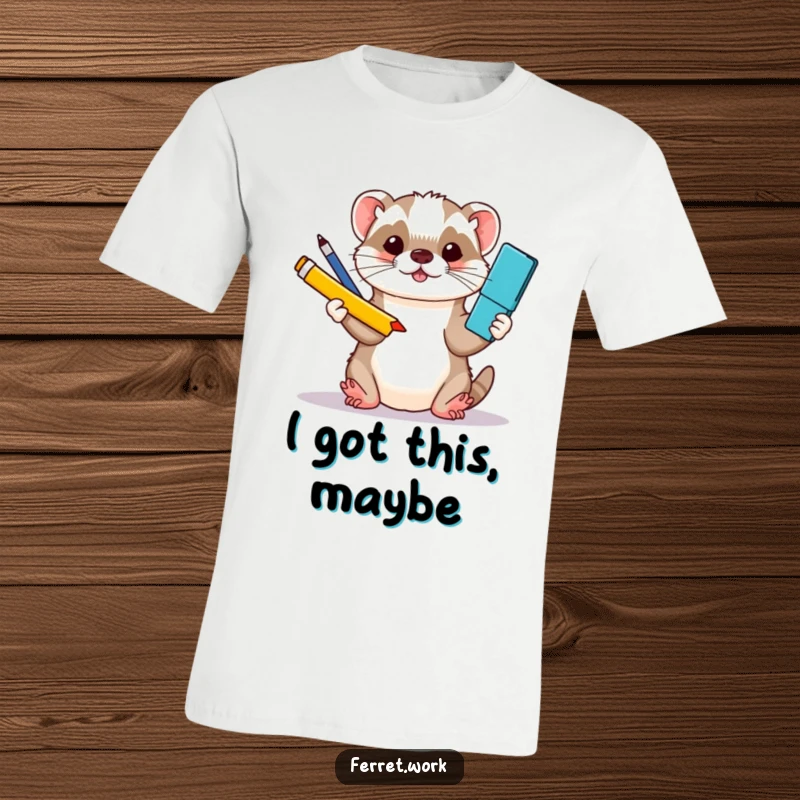 Funny kawaii office ferret deftly juggling three colorful office supplies with its tiny paws, printed on a t-shirt.