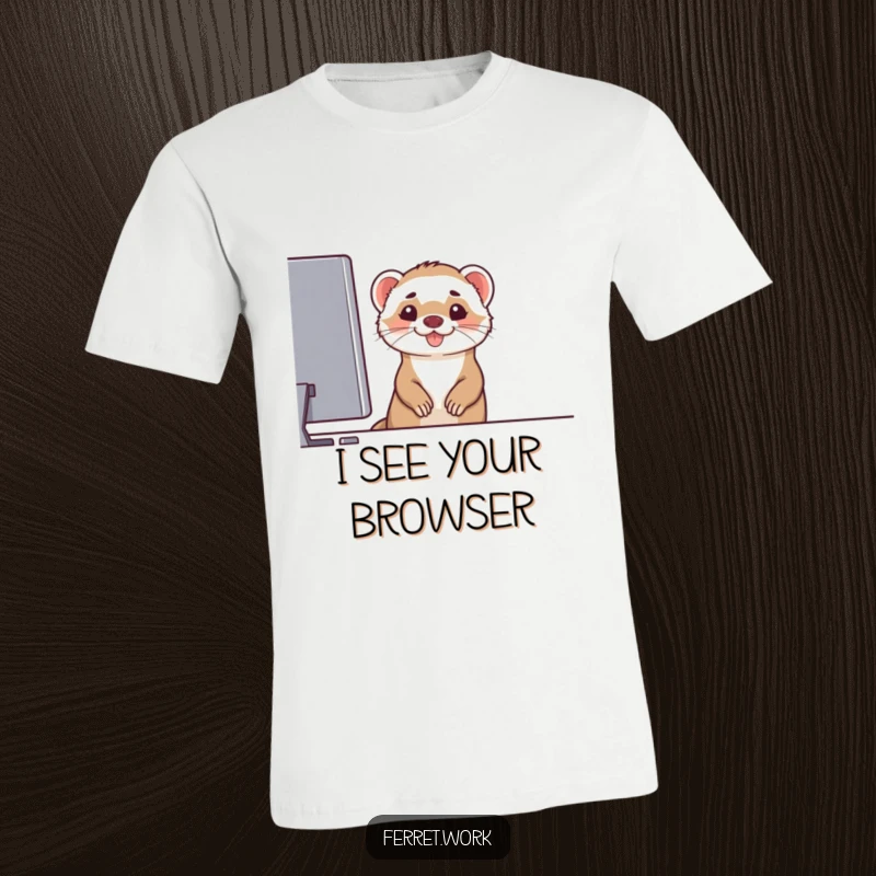 Funny t-shirt with a mischievous ferret peeking over a computer monitor, sporting a wide grin, embodying techy fun, funny gift.
