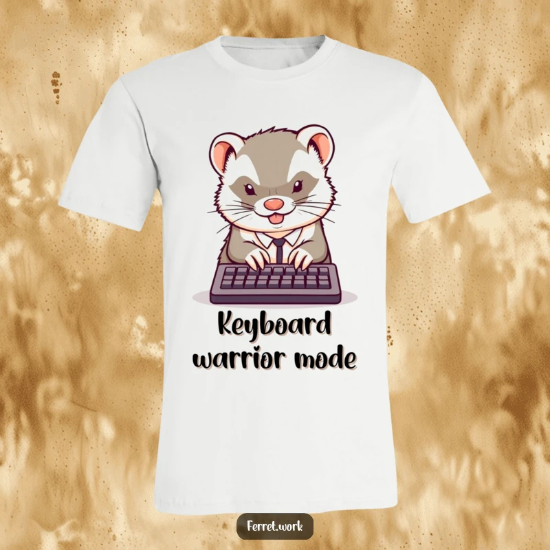 Funny kawaii office ferret typing at lightning speed on a tiny keyboard with fierce determination, on a funny t-shirt.