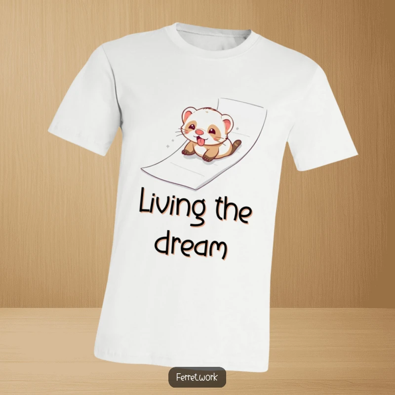 A ferret joyfully sliding down a ream of paper like a slide, with pure delight, printed on a t-shirt.