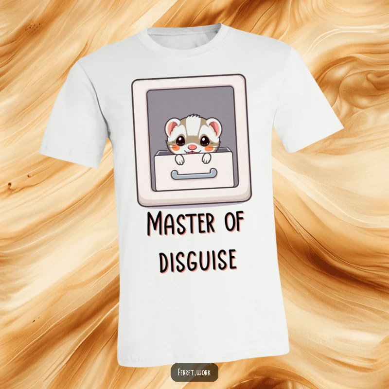 Funny kawaii office ferret playing hide-and-seek in a file cabinet drawer on a t-shirt.