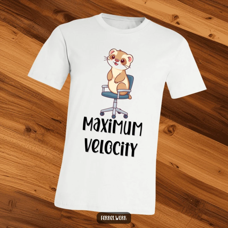 Funny t-shirt depicting a ferret joyfully riding on a fast-rolling office chair, capturing a moment of pure, hilarious freedom.