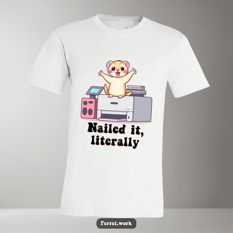 Funny kawaii office ferret performing a silly victory dance on top of a printer, a humorous and celebratory t-shirt design.