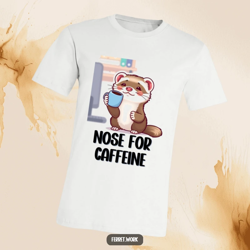 Funny Kawaii Office Ferret T-Shirt: A cute ferret comically balances a coffee cup on its nose, perfect for office laughs.