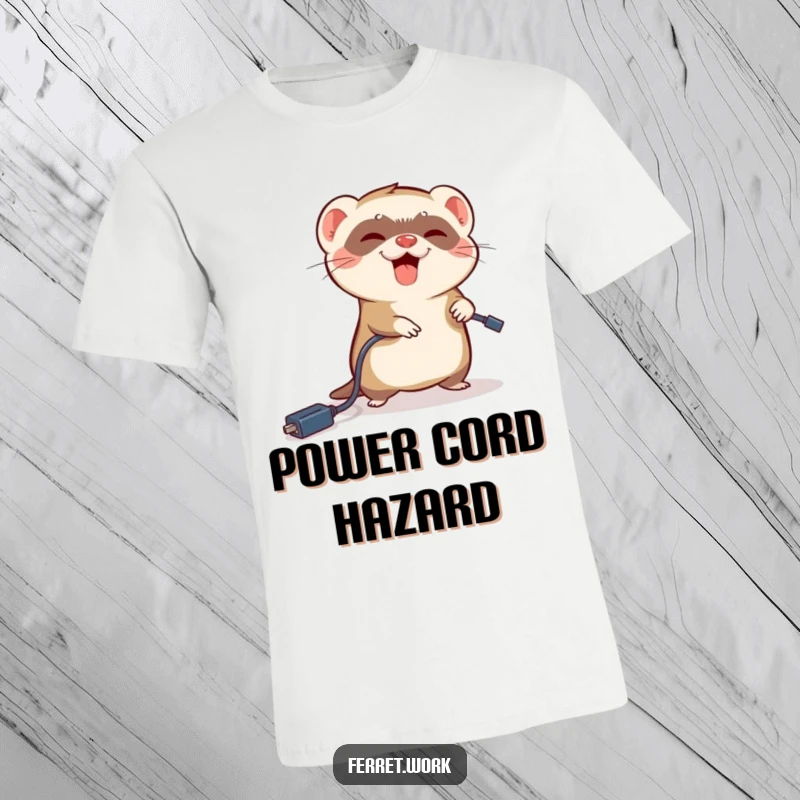 Funny ferret t-shirt of a ferret comically falling over a loose power cord, showcasing a tech mishap.