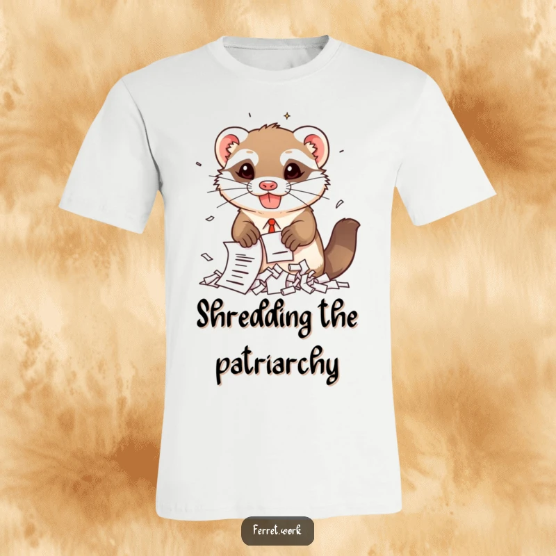 Funny kawaii office ferret enthusiastically shredding documents with a mischievous grin, printed on a soft t-shirt.