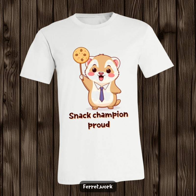 Funny kawaii office ferret triumphantly holding up a single, delicious cookie, printed on a t-shirt.