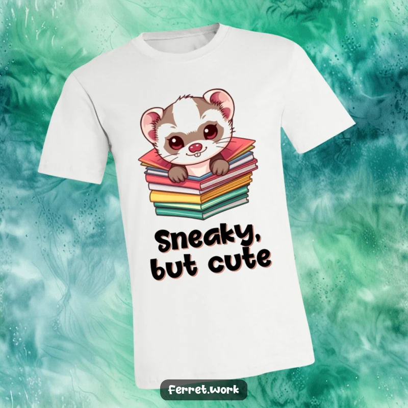 Funny kawaii ferret t-shirt, a cute ferret with a naughty glint, peeking over colorful office folders, embodying playful mischief.