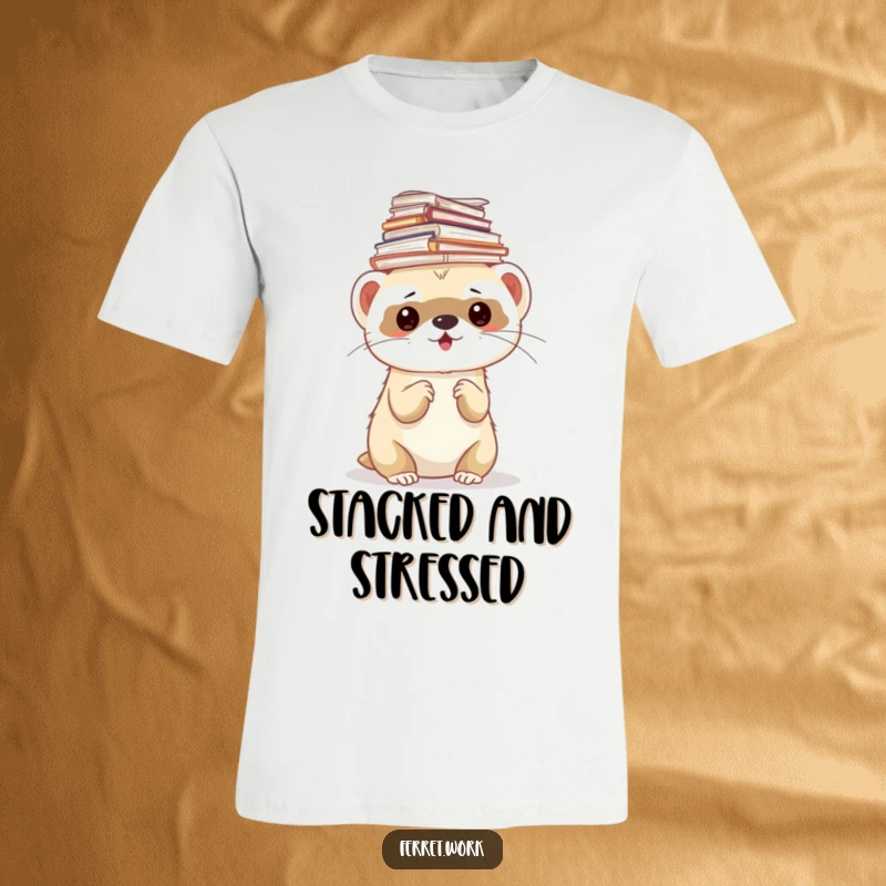 Funny ferret t-shirt featuring a ferret humorously balancing a huge stack of documents on its head.