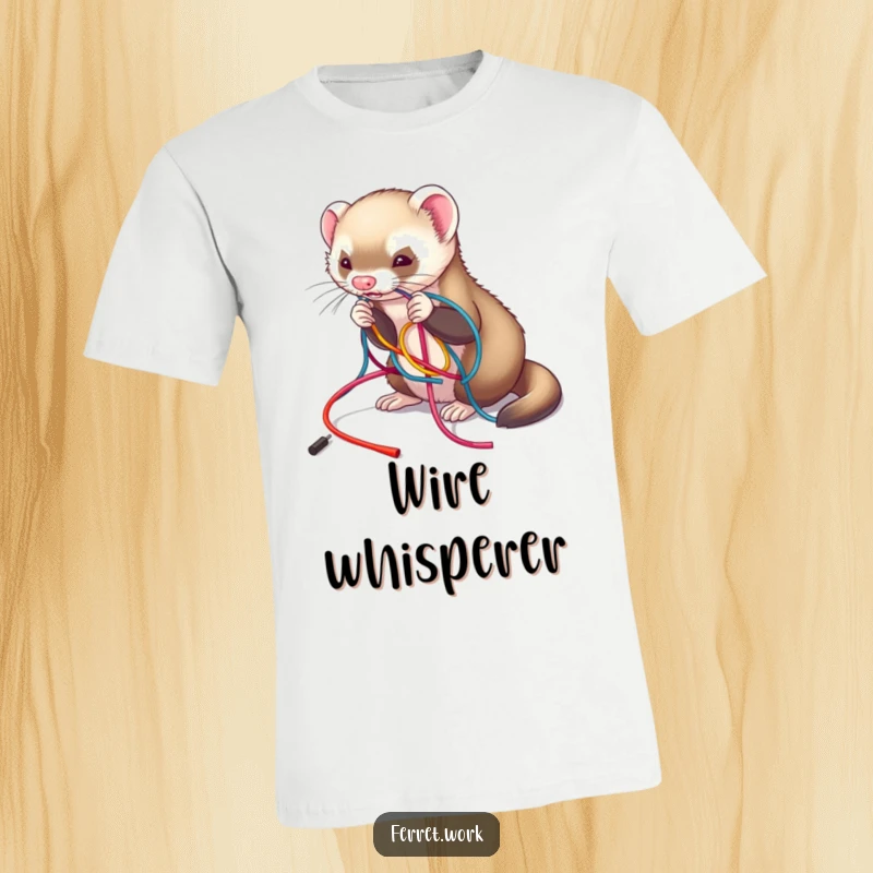 Funny t-shirt depicting a ferret playfully untangling a jumbled mess of colorful wires, representing organized chaos, funny gift.