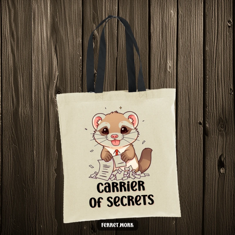 Funny kawaii office ferret hilariously shredding office documents, captured on a durable and stylish tote bag.