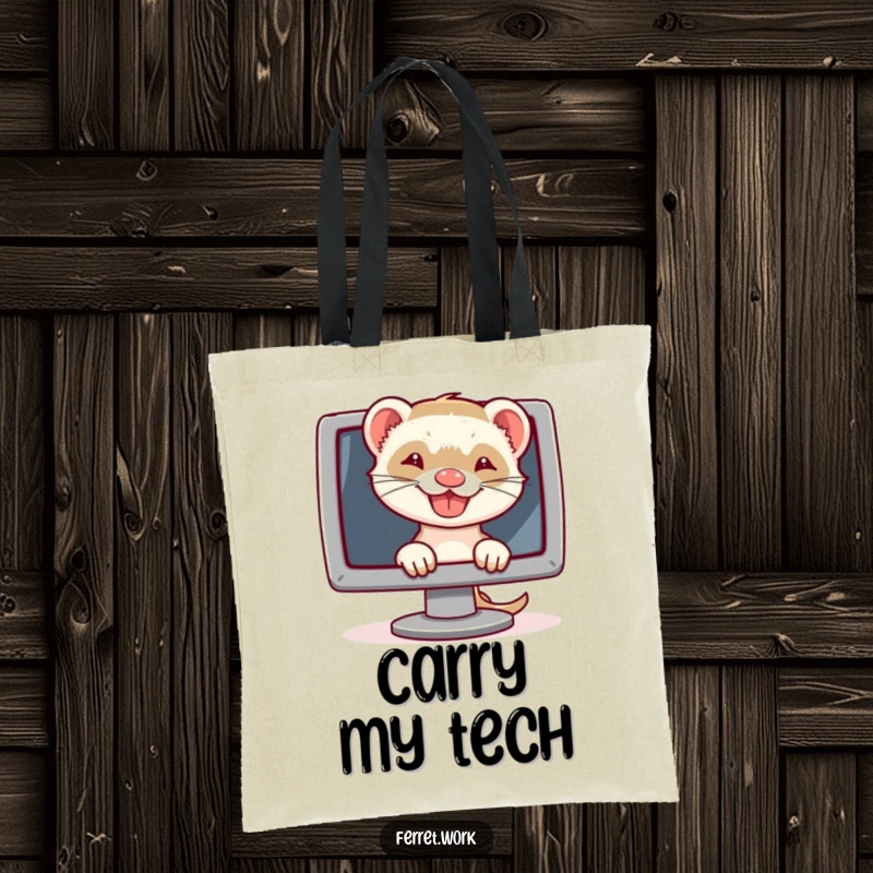 Funny tote bag with a grinning ferret peeking from behind a computer, perfect for carrying tech essentials humorously.